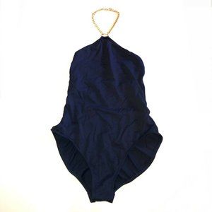 Lauren Ralph Lauren Women’s Swimsuit Size 12 Blue Gold Chain Necklace Old Money